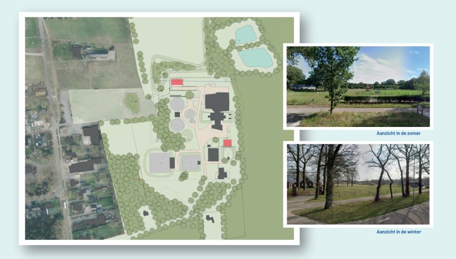 Situatieschets van het nieuwe gebouw en de zichtlijnen