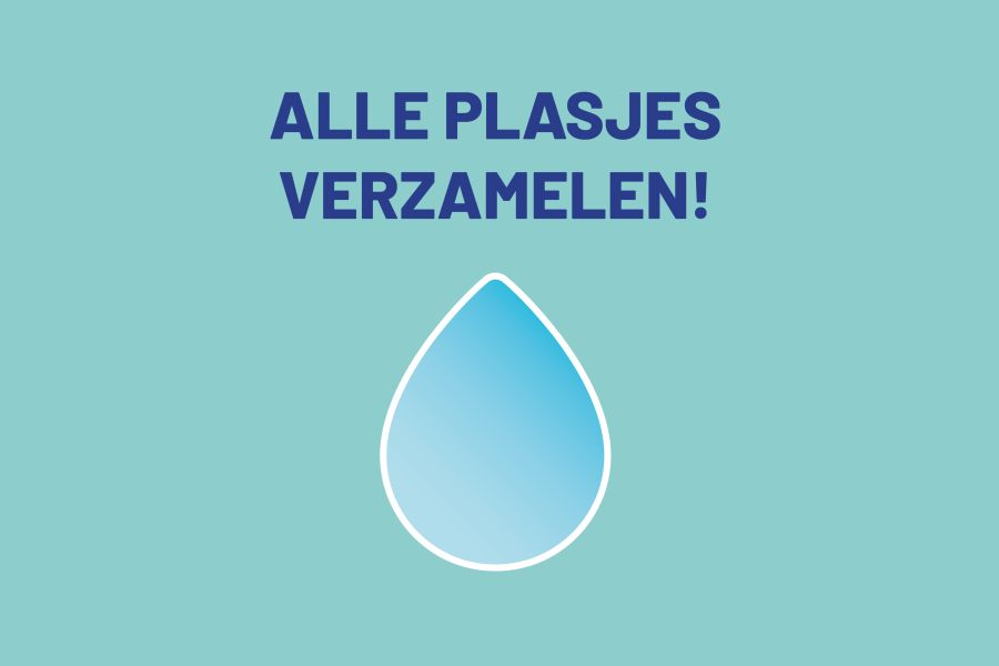 Turquoise vlak met druppel en tekst: alle plasjes verzamelen