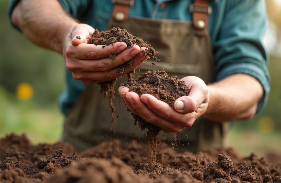 Handen van een persoon vol met aarde