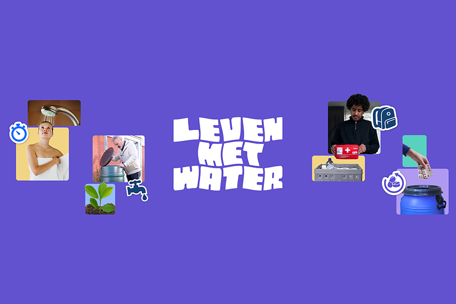 Paars vlak met tekst 'Leven met water' en kleine afbeeldingen van douche met timer, een regenton, een prullenbak en noodpakket