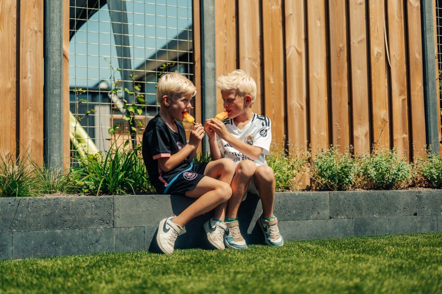 Kinderen eten ijsje in de tuin
