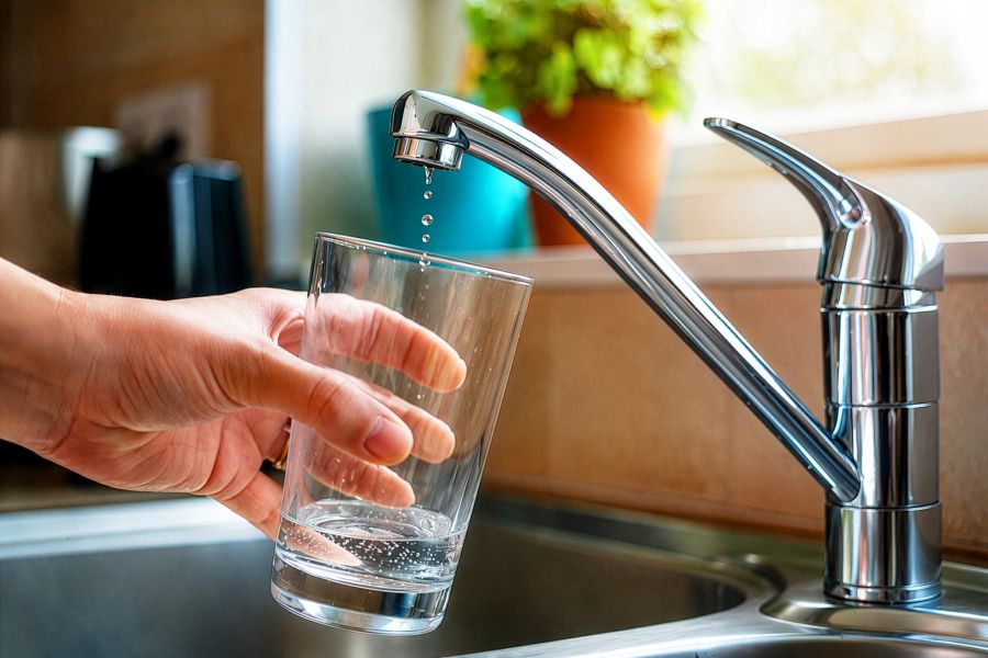 Hand die een glas vasthoudt onder een kraan waar slechts enkele waterdruppels uitkomen