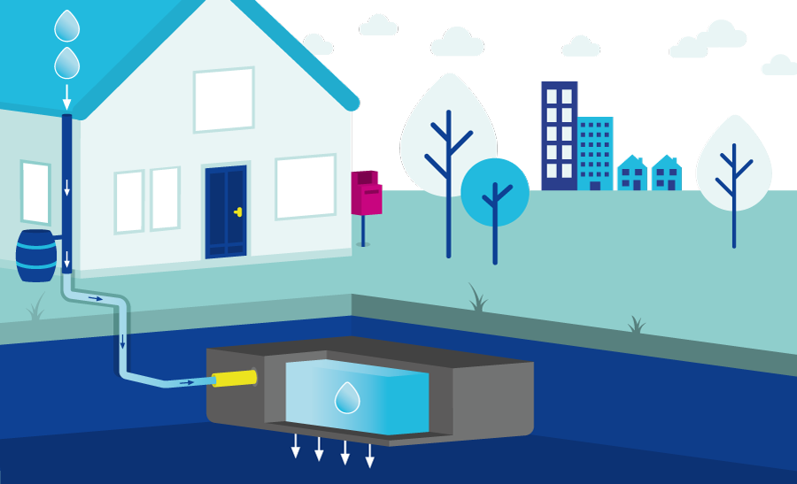 Illustratie huis met tuin en infiltratiekrat voor het opvangen van hemelwater