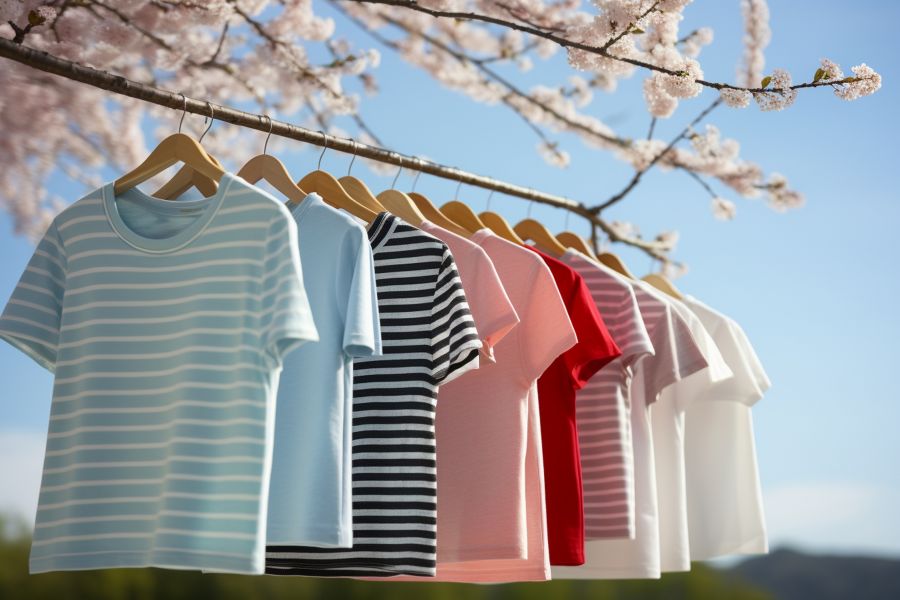 T-shirts op kledinghangers in de buitenlucht